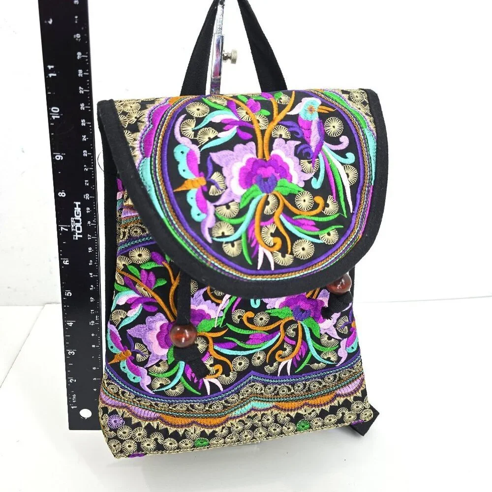 Women's Canvas Oriental Purple Floral Embroidered Asian Small Backpack